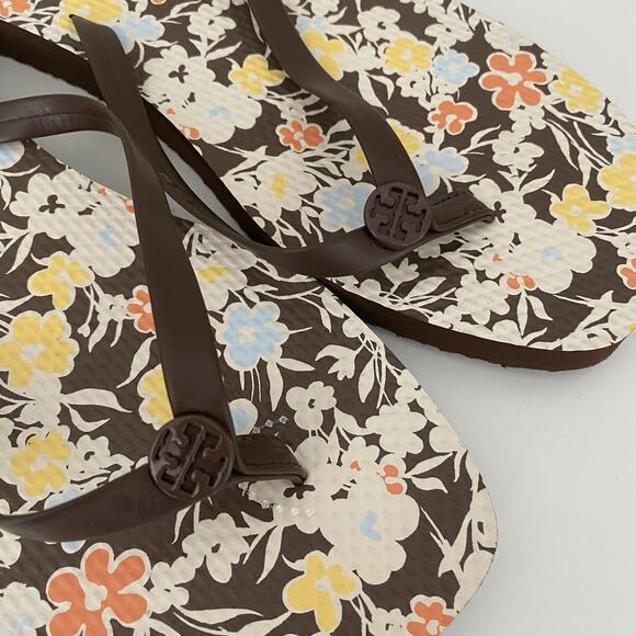 NWOB Tory Burch Soho Reverie Walnut Brown Floral Thin Flip Flops Sandal Flat 9 - Picture 4 of 11